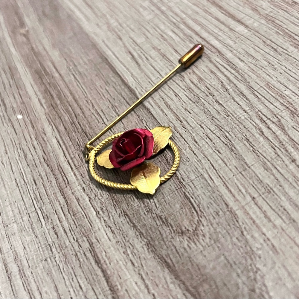 Vintage Red Rose Gold Lapel Pin - image 3